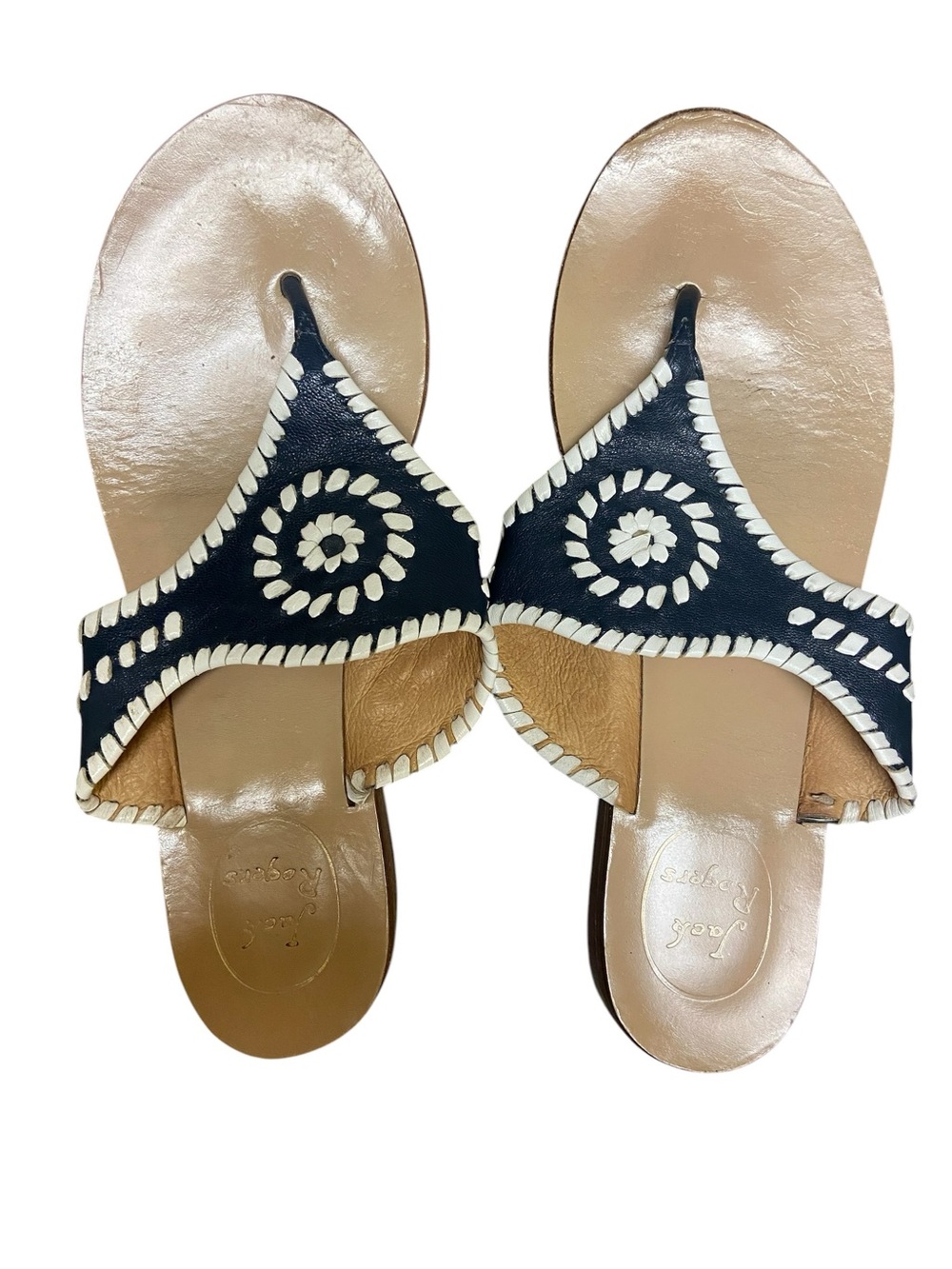 Jack Rogers Classic Jacks Leather Flat Sandals Navy White Size 8 M Resortwear